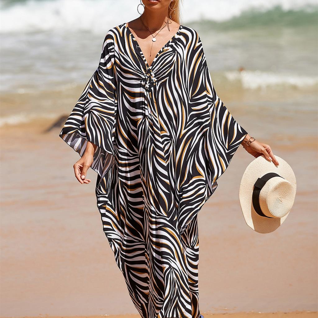 Women's Fashion Vacation Summer Spring Zebra Print Long Sleeve V-Neck Casual Dresses