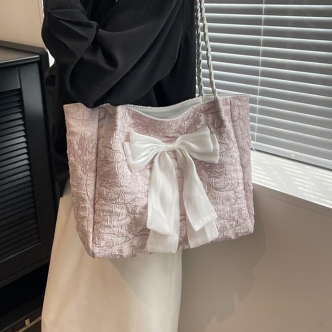 Ribbon Tote Bag Shoulder Bag Lace Large Capacity A4 Feminine Lightweight Commuting To School Travel [PETITCHOU] (White)