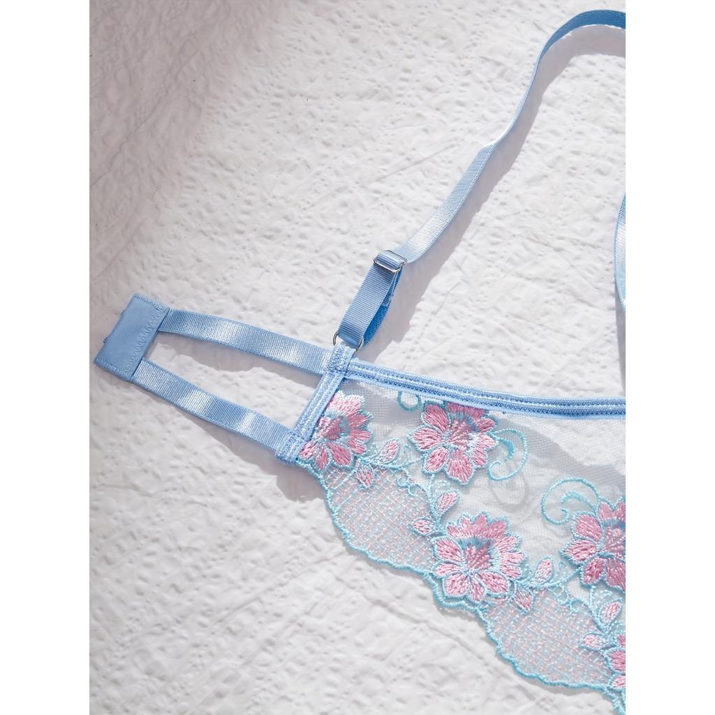Floral Embroidery Mesh Hollow Out Lingerie Set, Cupless Intimates Bra & Open Crotch Thong, Women's Sexy Lingerie & Underwear