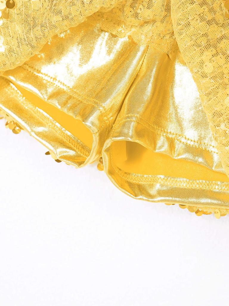 Girls Shiny Dance Set Sleeveless Round Collar Backless Shiny Sequins Tiered Crop Top Elastic Waistband Skirt