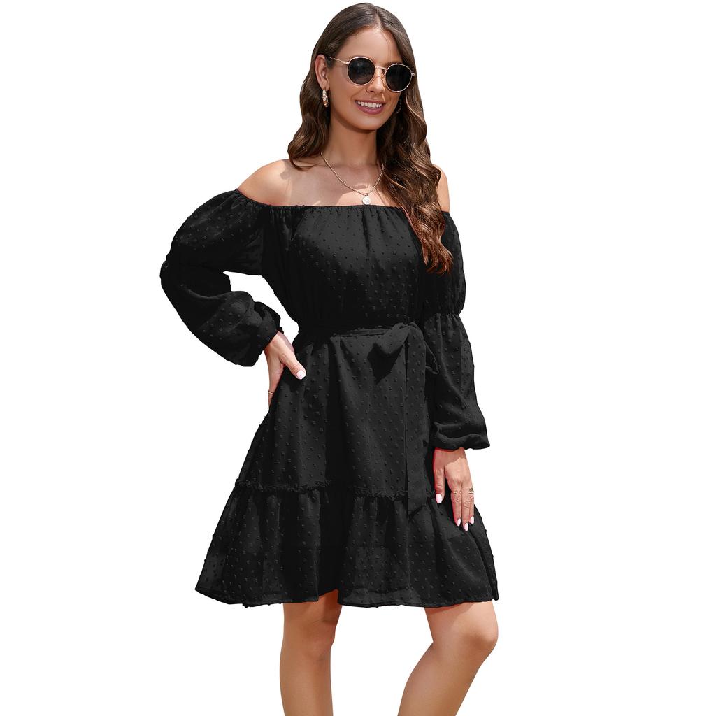 Spring and Autumn Women's Dress Elastic Neck Long Sleeve with Lining and Belt Strapless Dresses