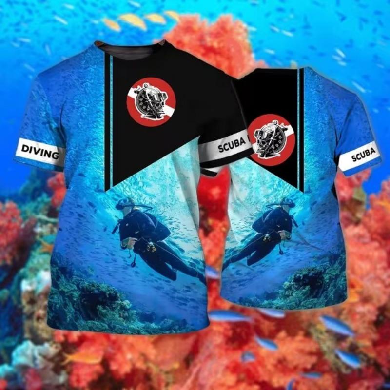 3D Diving Print Men's Novelty Short Sleeve Crew Neck T-shirt, Summer Outdoor