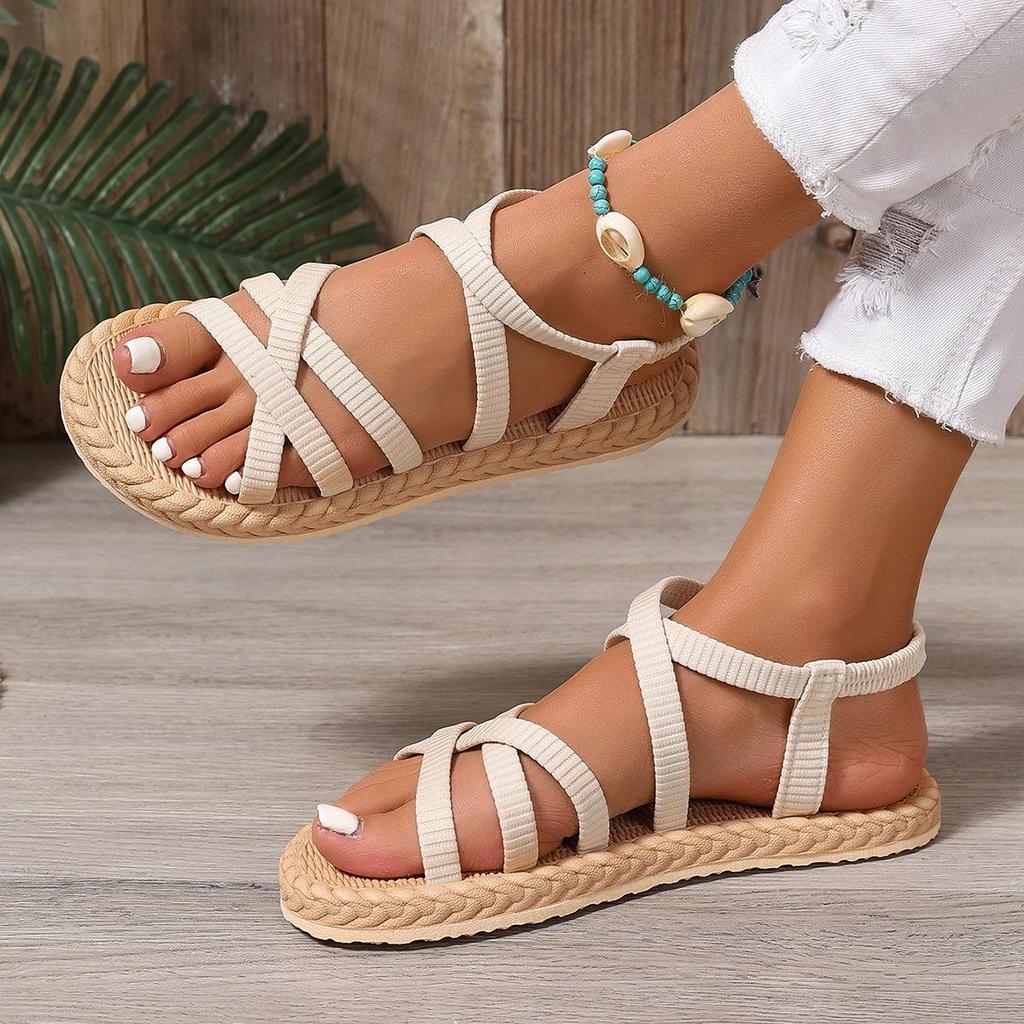Lato Nowe Tkane Sandały Damskie na Płaskim Obcasie z Imitacji Trawy, Noszenie Sandałów na Lnianej Podeszwie na Zewnątrz, Damskie Kapcie Plażowe na Koturnie