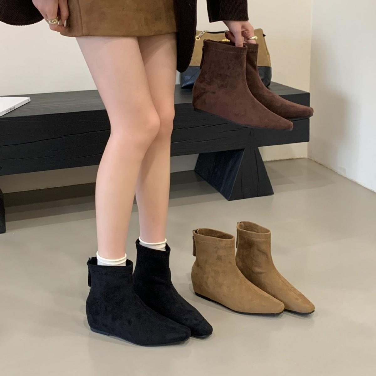 

2025 new autumn suede round head inner sloping heel thin Martin women s short boots rear zipper women s boots 39 хаки