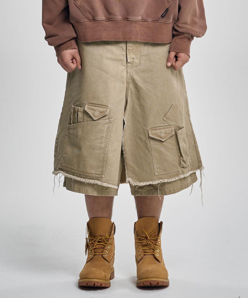 AJOBYAJO Washed Layered Cargo Skirt Shorts [Beige]