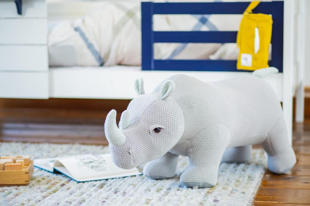Sekikagu Stuffed Animal Stool, Rhinoceros, 80kg Weight Capacity, Cotton Knit, Light Gray, Spoon Me 332586