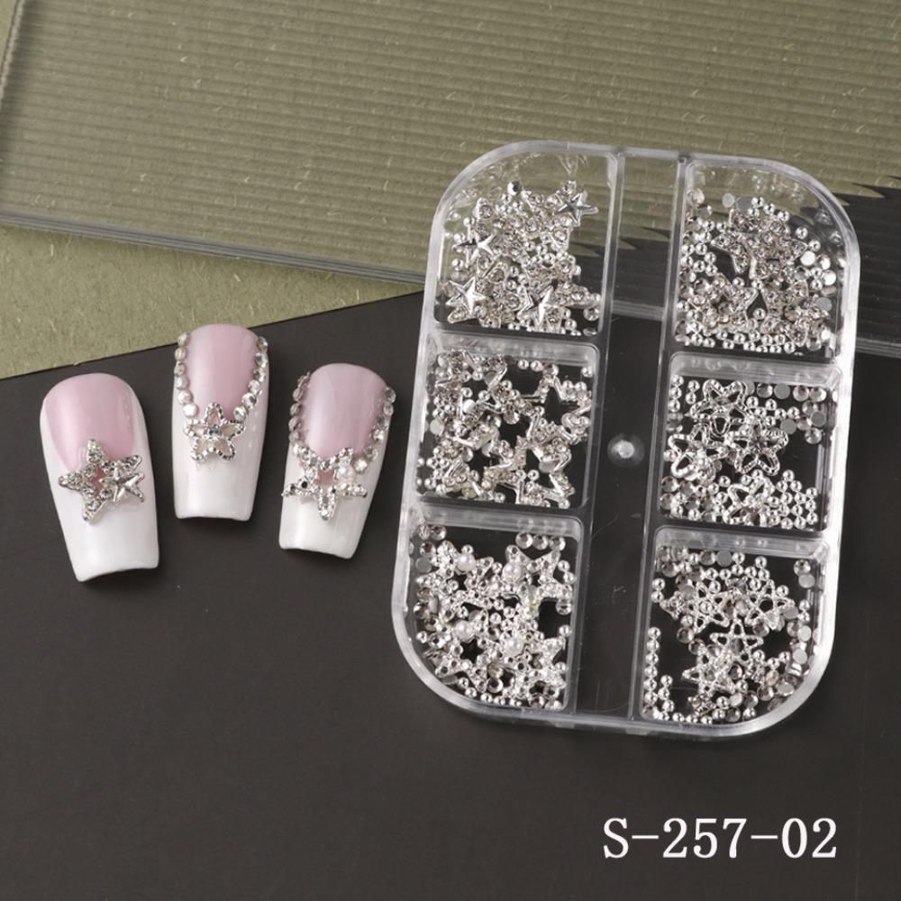 6 Grids Nail Art Decorations Metal Diamond Bow-Knot & Star Shape DIY Nail Decor Punk Style Mixed Designs Nail Charms