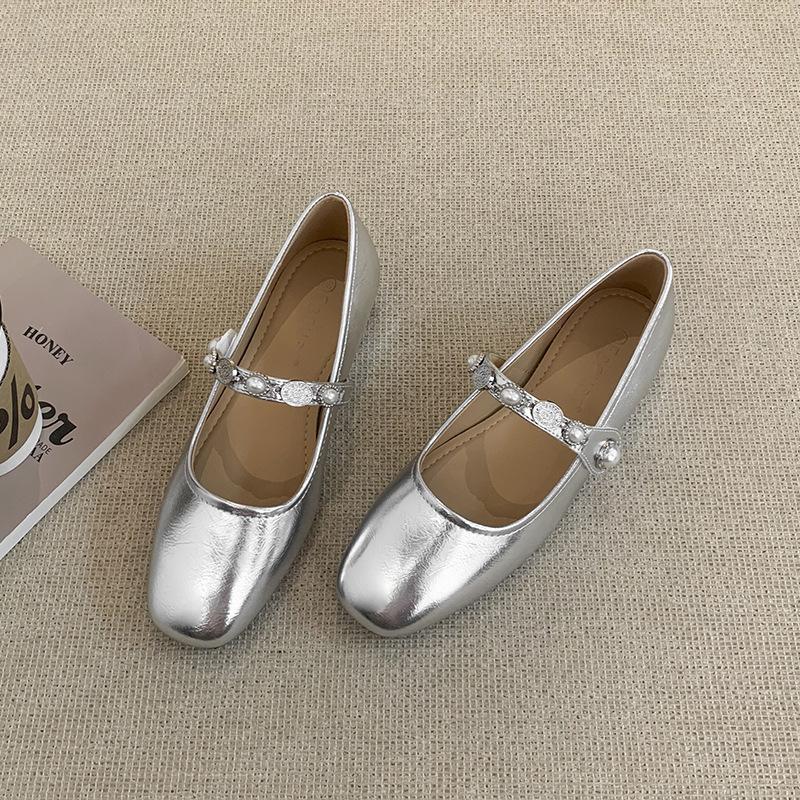 

2025 new square head inner height increase flat bottom pearl buckle driving Mary Jane women s shoes wearing soft leather single shoes women s summer 40 срібний