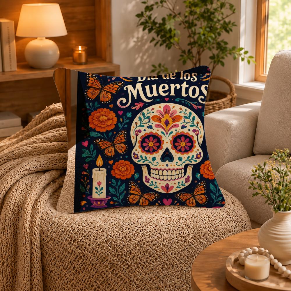 Style Day Of The Dead Cushion Cover Short-Plush Cushion Cover Pillowcase — Suitable For Sofas Bedrooms And Home Decor