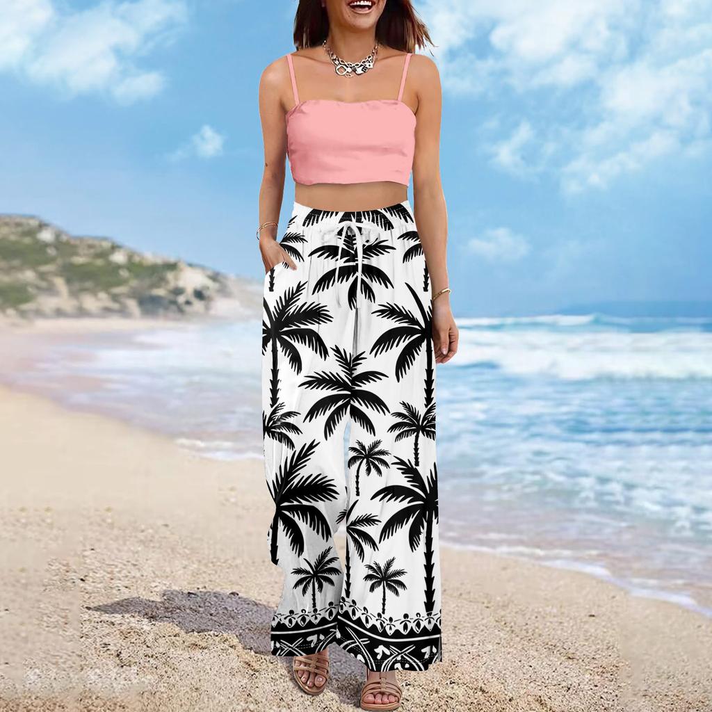 Dames zomer boho palazzo broek met hoge taille, wijde pijpen en bloemenprint, casual broek met zakken