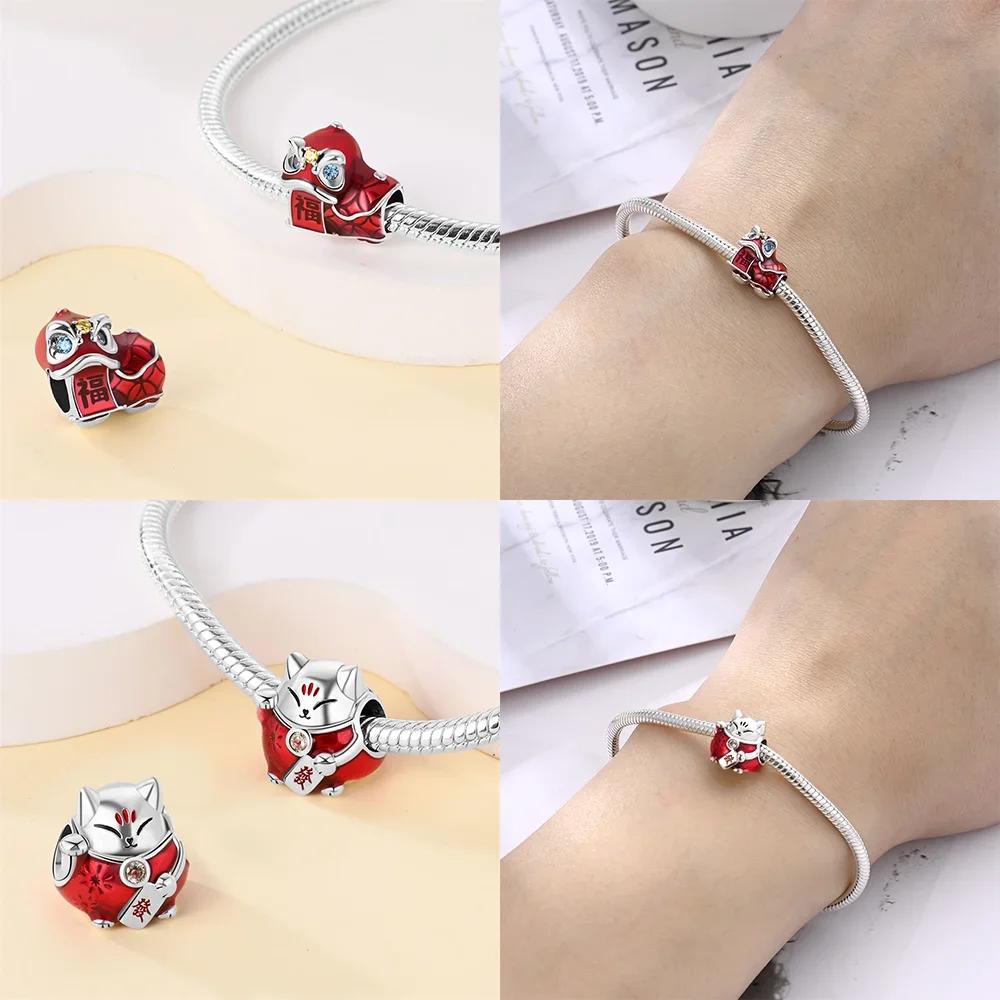 Original Copper Red New Year God Wealth Firecracker Pendant Gold Coin Beads Fit Bracelet Women Diy Gift Accessory