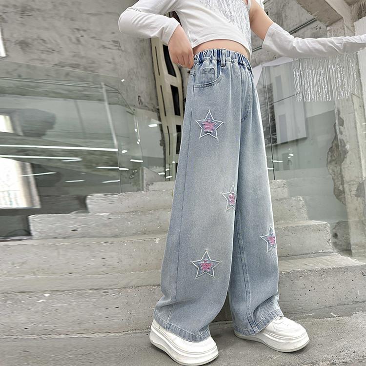 Girls' Pentagram Jeans Autumn Clothing Children's Korean Straight Leg Pants Spring and Autumn Pants