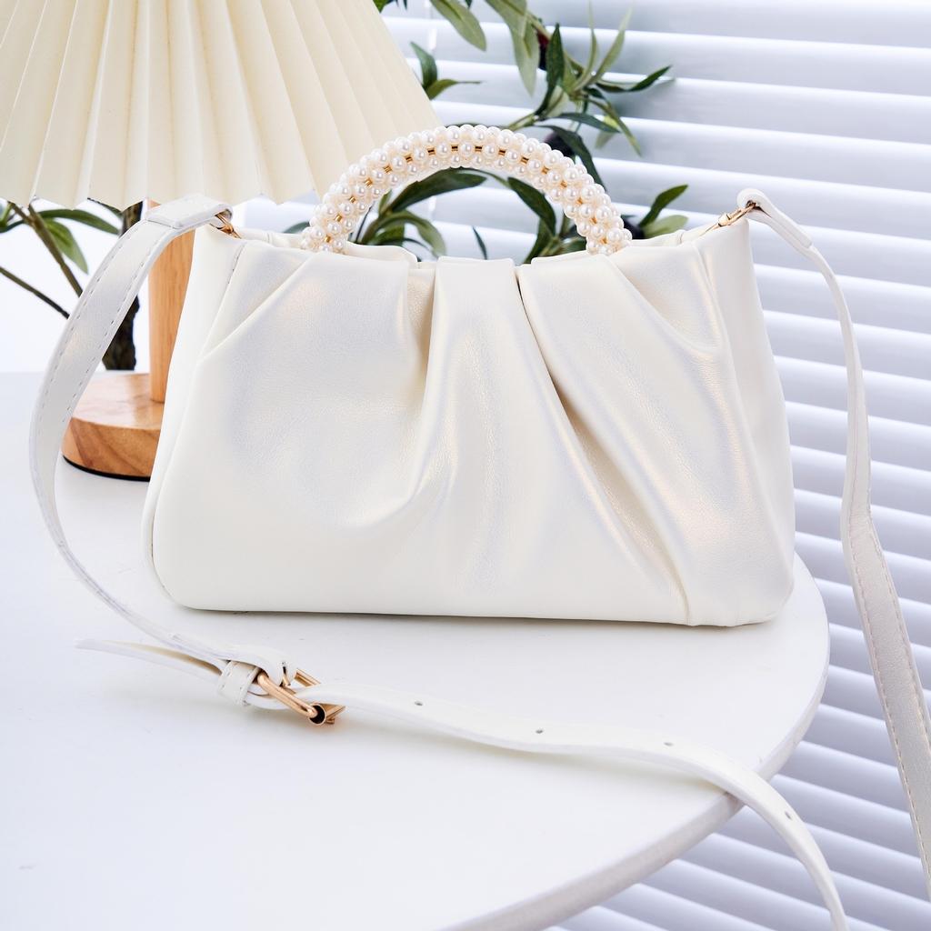 New Fashionable Textured Pearl Pearl Glossy Wrinkled Korean Style Sweet Cute Casual One-shoulder Crossbody Handbag