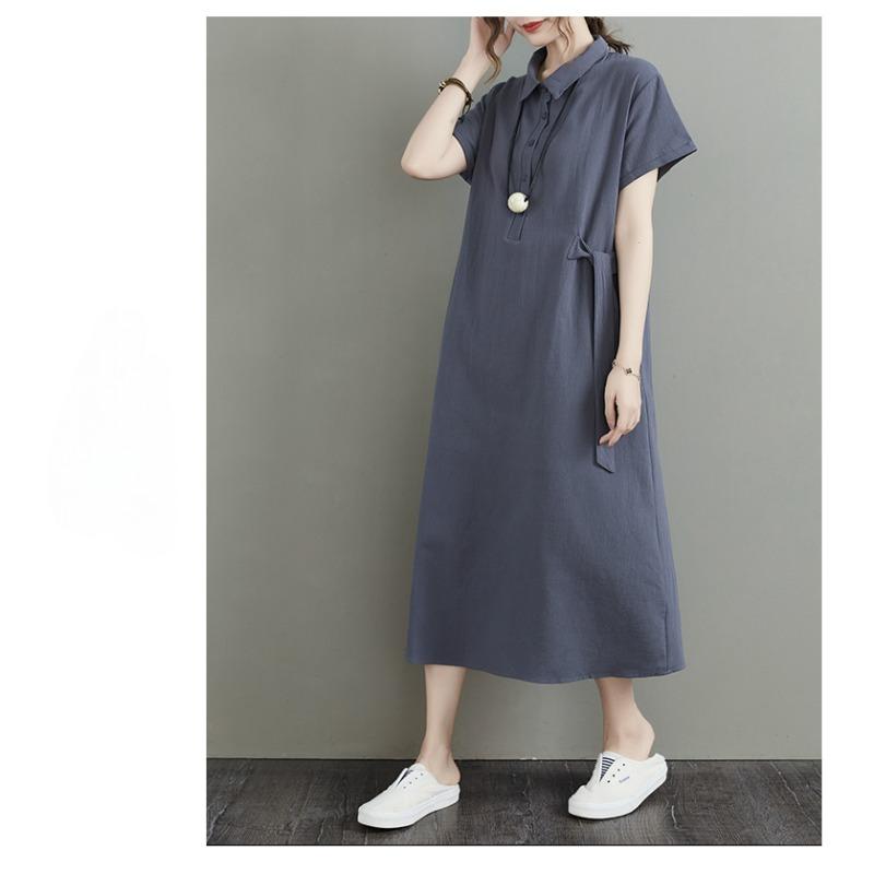 Women's Plain Color Cotton and Linen Lapel Short Sleeved Dress