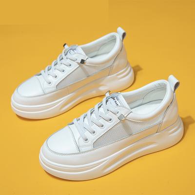 Fashion White Breathable Net Sneakers Women Low-Heel Flat Platform Ladies Lace-Up Fashion White Shoes