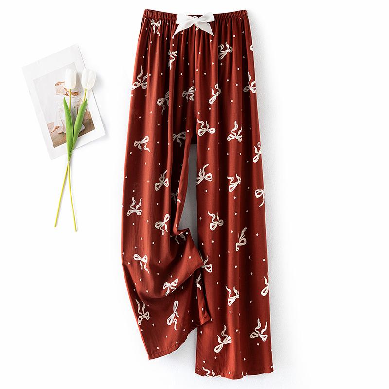 Pantaloni de pijama din bumbac mătase pentru femei, secțiune subțire de vară, anti-țânțari, pantaloni cu picior lat, culoare uni, pentru exterior, casă, petrecere a timpului liber, imprimeu, pantaloni de plajă până la genunchi