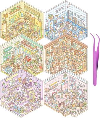 Set of 6 3D House Scene Stickers DIY Miniature House Craft Kit for Kids and Perfect for Killing Time (with Tweezers) - Adults, (Style 3)