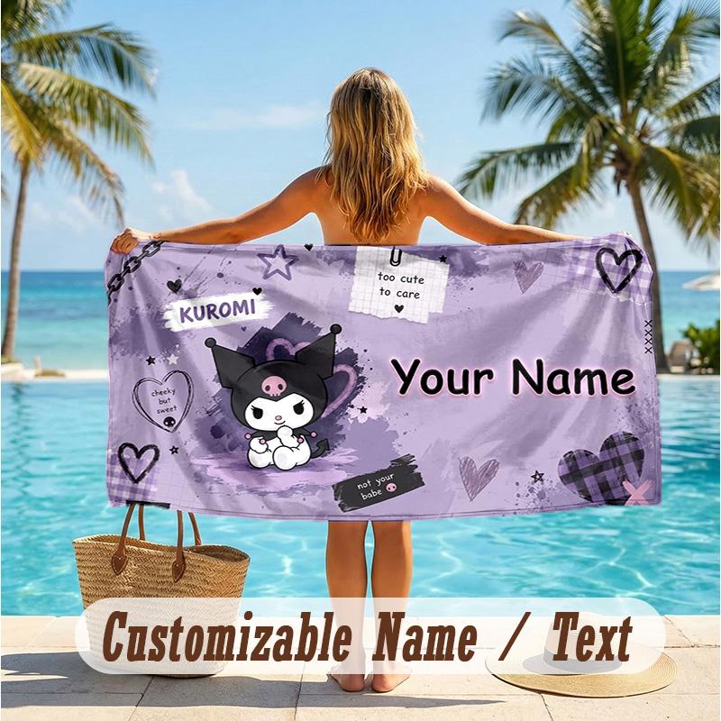 Custom Text Beach Towel, Soft Absorbent Swimming Multi-use TowelKuromi