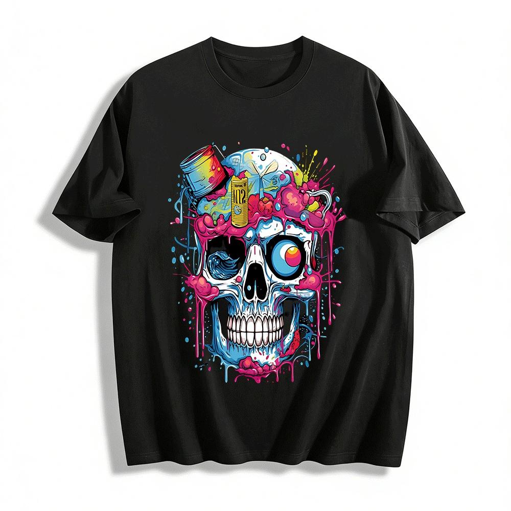 Graffiti Skull Print Street Style Casual Short Sleeve Top Pure cotton T-shirt XXS
