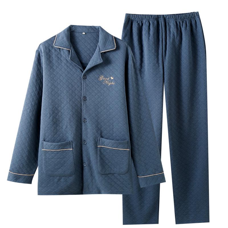 Męska Pikowana Piżama z Bawełny Powietrznej - Ciepły Zestaw z Długim Rękawem na Jesień/Zimę