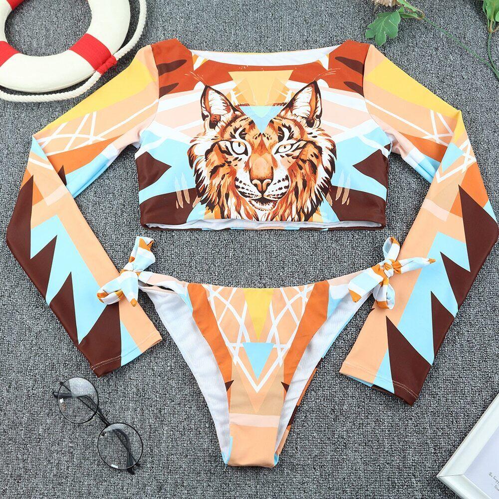 New Sexy Women Swimsuit Women Swimwear Bikini Set Long Sleeves White Printed Female Bathing Suit Swim Wear Beach Clothing
