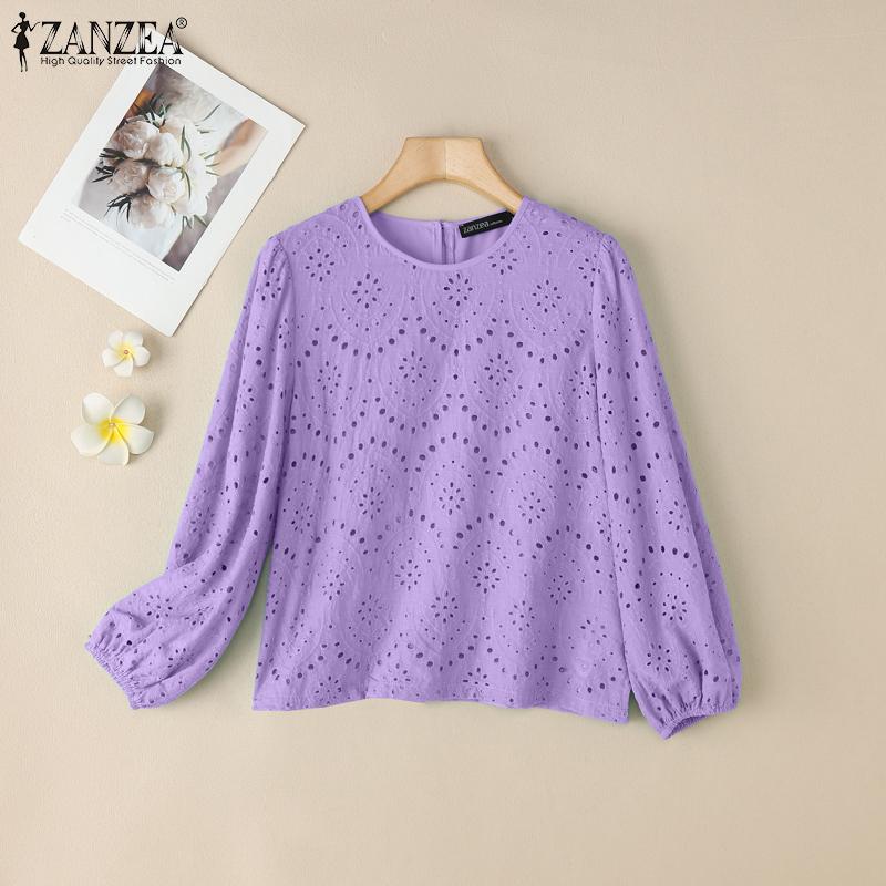 ZANZEA Women Casual Round Neck Long Sleeve Patchwork Lace Crochet Blouse