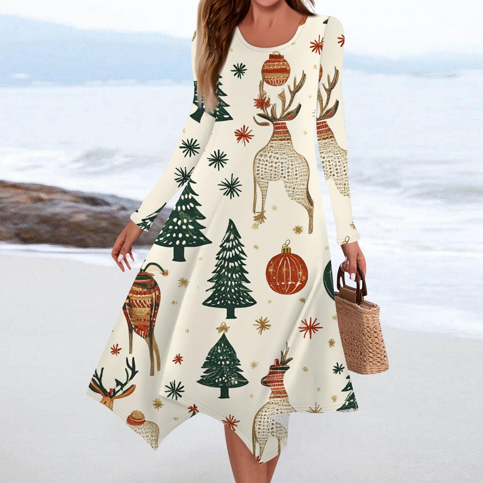 Women s Christmas Printed Round Neck Long Sleeve Casual Slim Irregular Hem Pleated Dress S бежевый