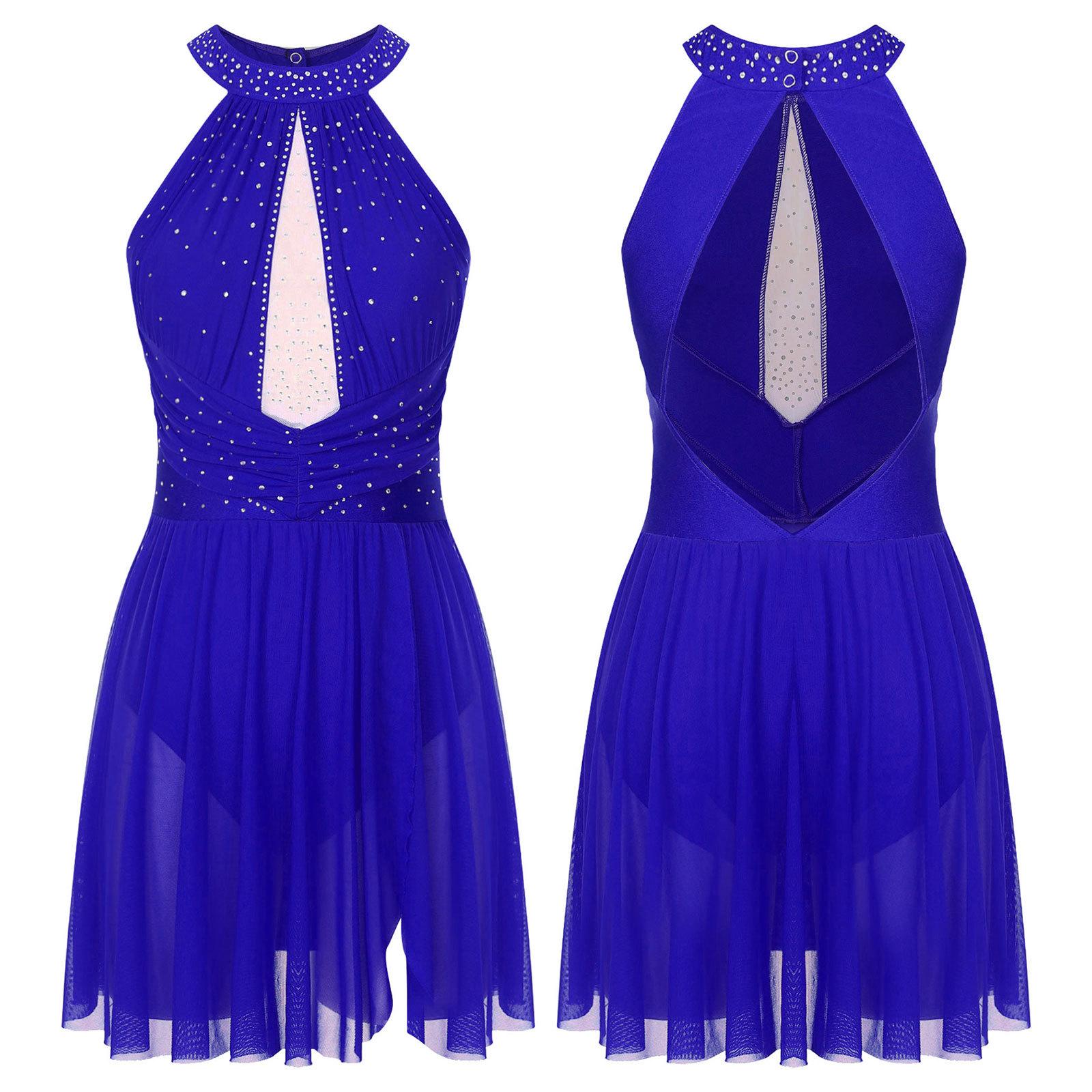 

Женский костюм для фигурного катания, лирический танцевальный костюм, блестящее сетчатое лоскутное платье без рукавов со стразами, танцевальная одежда S