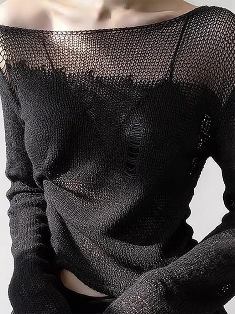 Women's Black Mesh Splice Long-Sleeve Fashionable T-Shirt - Trendy Spring Style