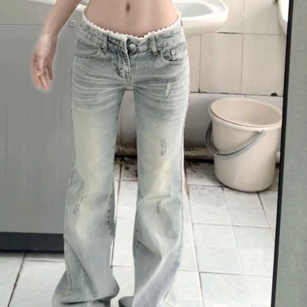 Women s Low Waist Lace Trim Light Blue Flare Jeans Distressed Y2K Denim Pants Streetwear Trousers S синий
