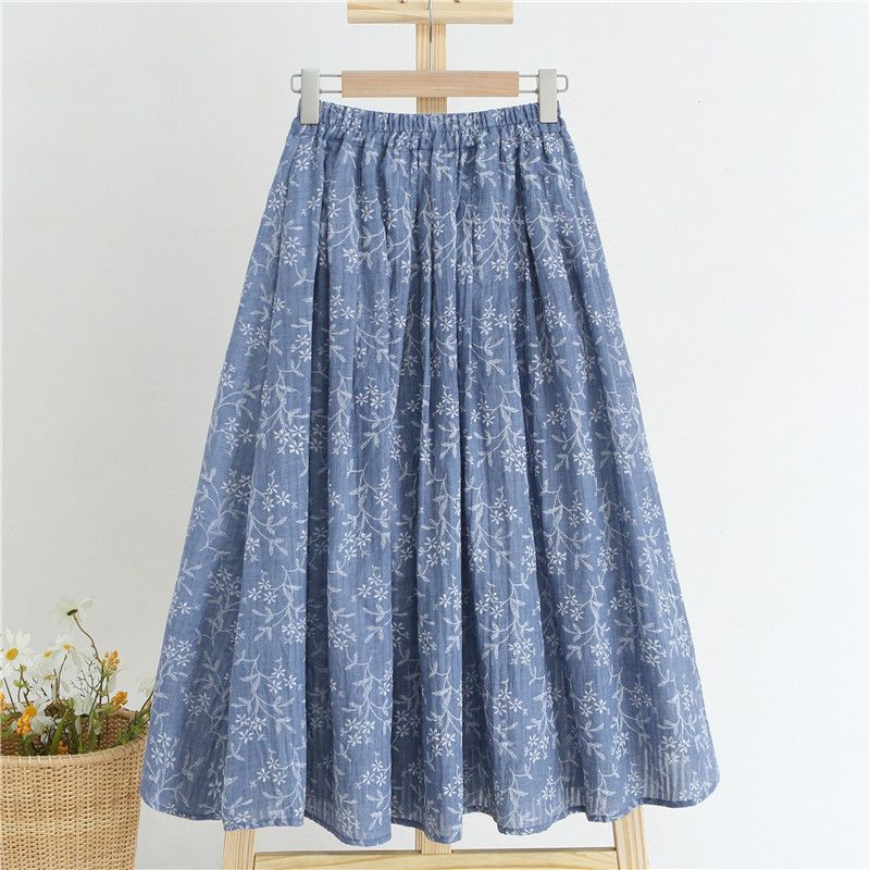 

Elegant Cotton Linen Versatile Elastic Floral A- line Skirt Blue XS