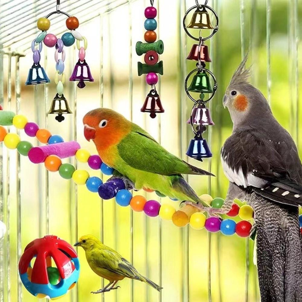A Set High Quality Colorful Cockatiel Toys Durable Interactive Bird Cage Accessories Wooden Bird Toy Set Training
