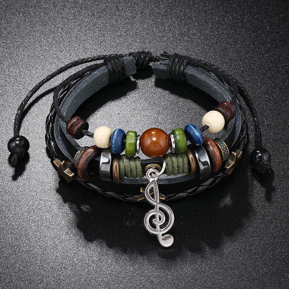 New Fashion Alloy Leather Braided Bracelet Male and Female Temperament Everything Beaded Leather Music Symbol Pendant Hand