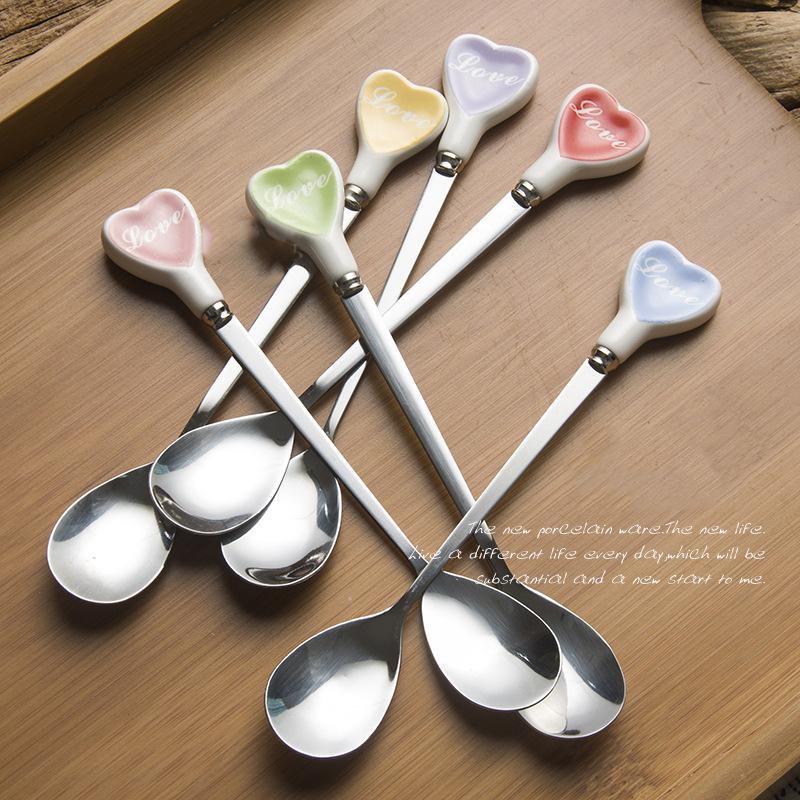 Random-creative Stainless Steel Spoon, Heart-shaped Ceramic Coffee Stirrer, Honey Spoon, Tea Spoon, and Ice Cream Dessert Spoon