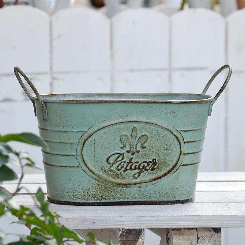 Double Handles Ellipse Iron Flower Pots Retro Style Garden Planting Tool Storage Bucket Florist Home Furnishing Vase Decoration