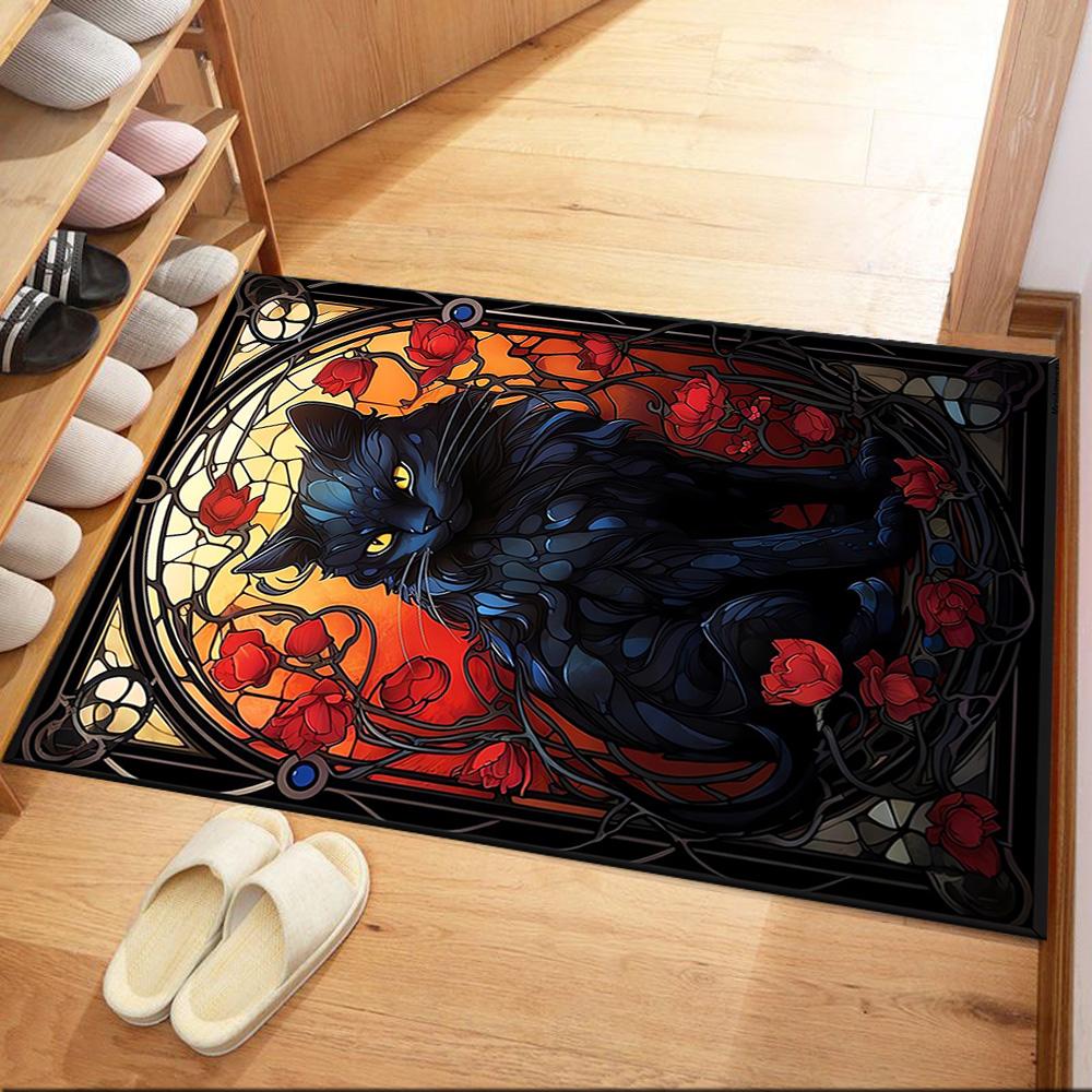 Black Cat In Stained Glass Floor Mats for Living Room, Bedroom and Room Decoration Are Suitable for Gifts.