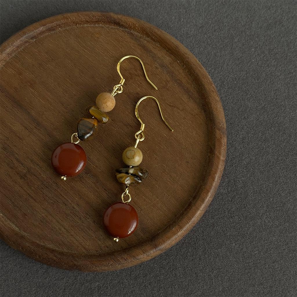 Retro Melaard Tiger's Eye Handmade French Light Luxury Stud Earrings for Women