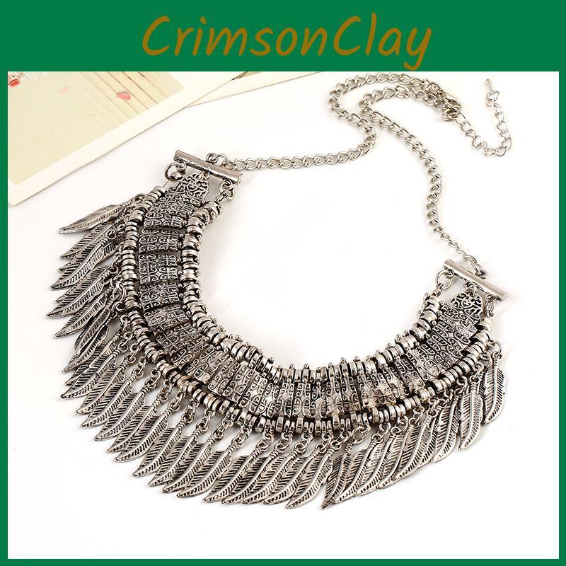 Plated Silver Retro Pendant Necklace With Carved Leaf Tassel Design Gifts For