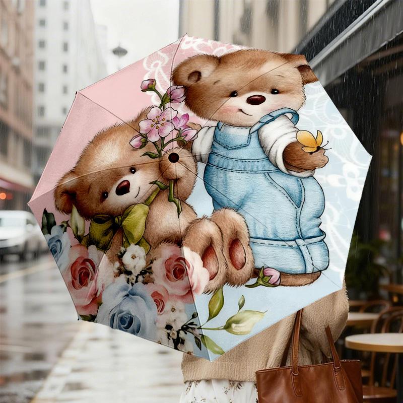 1pc Teddy Bears Flowers Automatic Folding Umbrella, Heavy Duty 8 Rib Iron Frame, Suitable for Travel, Daily Use, Birthday, Decor Gift m0104025