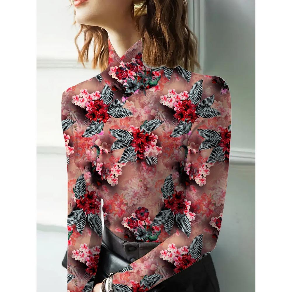 Women's cheongsam collar long-sleeved T-shirt, regular version, three-dimensional red flower design, spring and autumn collection