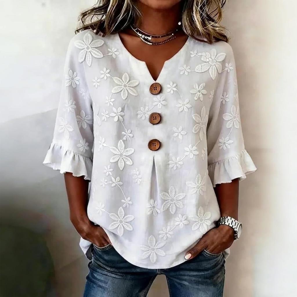 Women V Neck Floral Print Button Front Loose Fit Blouse Ruffle Sleeve Casual Top for Everyday Wear