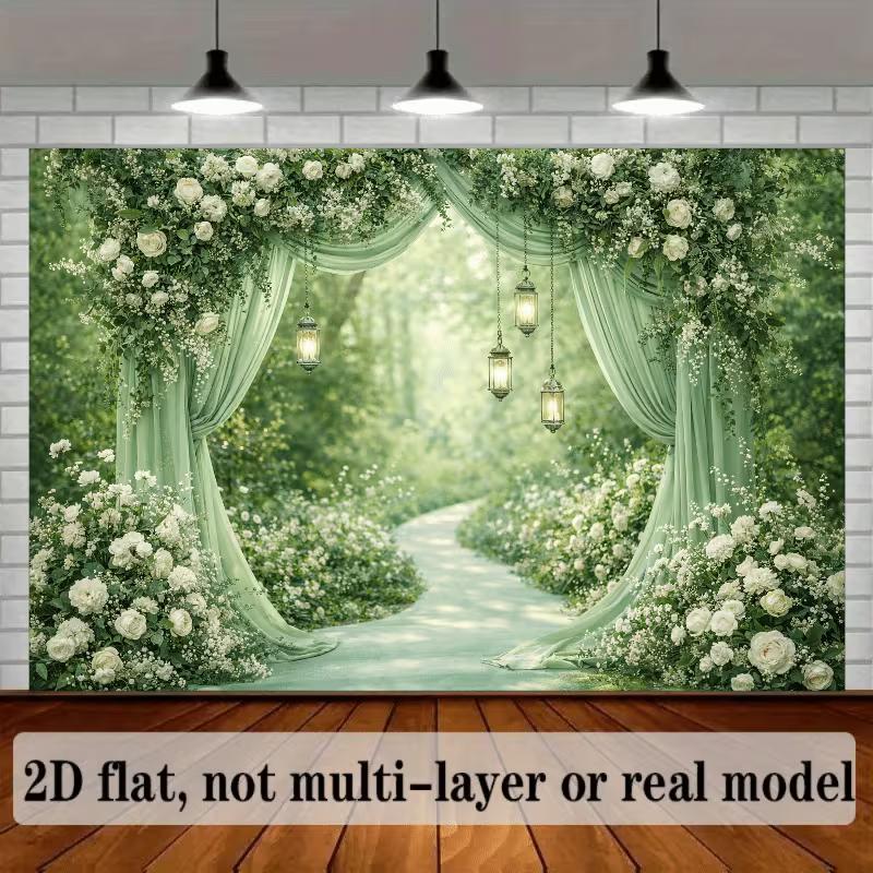 2D Grüne Florale Hochzeitskulisse, Weißer Rosenvorhang Foto Hintergrund Banner