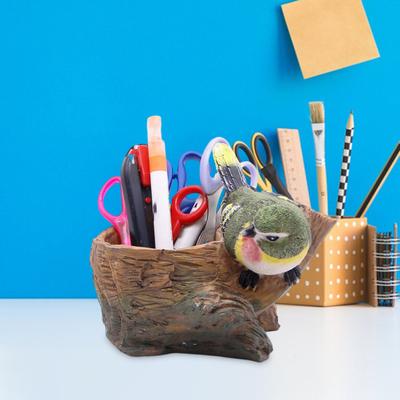 Simulated Bird Pen Holder Resin Stump Bird Stationery Pencil Stand Organizer Container Home Office Desktop Decoration Ornament