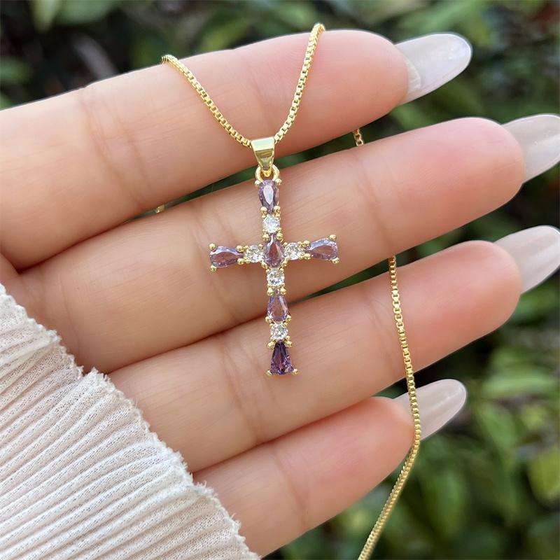 18K Gold-plated Copper Zircon Water Drop Cross Necklace, Classic and Simple Style, Daily Waterproof and Non Fading Pendant