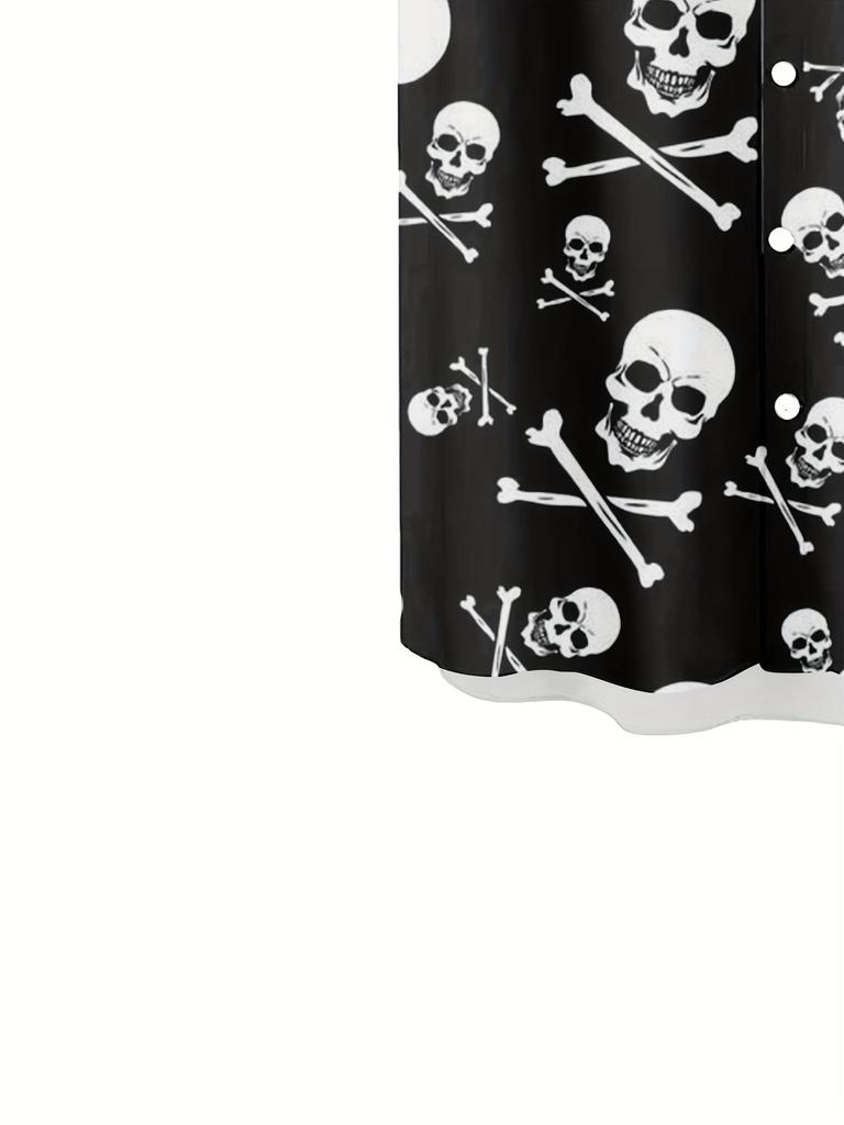 [Printe Esign-Not Texture]Men's Skull and Bones Hawaiian Shirt- Black and White Retro Pattern Short Sleeve Button Top, Regular Fit Casual Beach Street