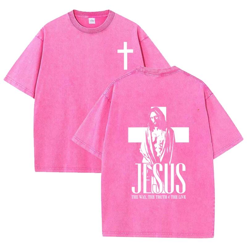 Vintage Washed Double Sided T Shirt Cross Jesus Portrait Letter Print OversizedChristianFaith StreetwearShortSleeveTeeAsian Size