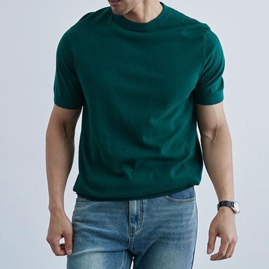 Summer Men T-Shirt Crew Neck Solid Color Short Sleeves Knitted Shirt Breathable Slim Fit Lightweight Basic Tee Casual Business Top