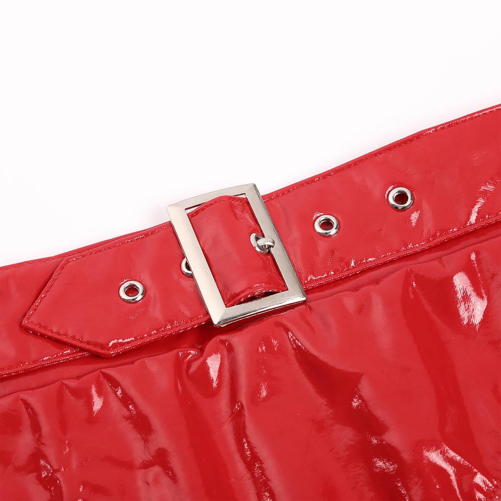 Dametruser i skinnende metallisk skinn med høy skjæring, justerbar belteunderdel med spenne