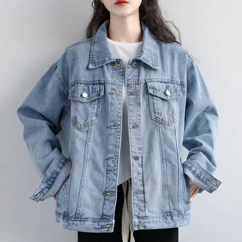 Women spring and Autumn causal Denim Jackets Vintage Washed Blue JeansTurn-down Collar Outwear Jacket
