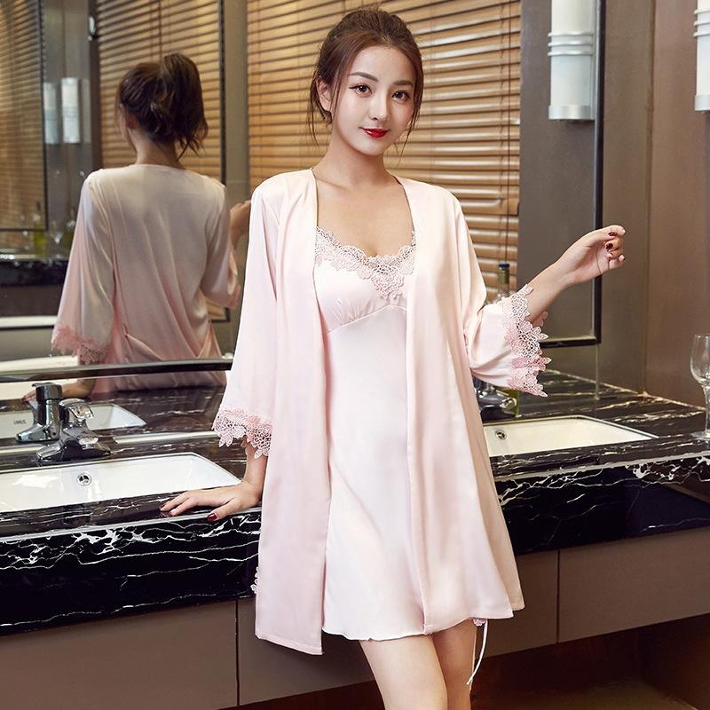 Spring and Autumn New Pajamas Female Sexy with Chest Pad Silk Thin Temptation Suspender Nightgown Two-piece Set